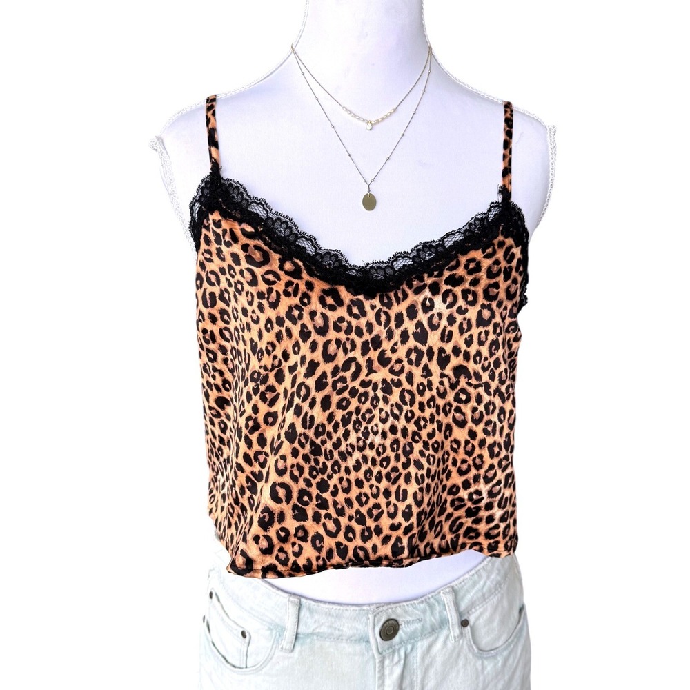 Forever 21 Leopard Cami Lace Trim Satin Tank Top Brown Small